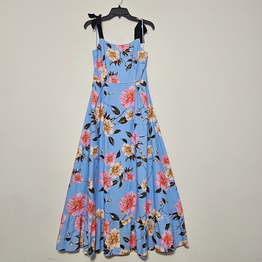 GB Dress Small Fits 4/6 Blue Pink Floral Long Sleeveless Linen Blend Tiered 0884